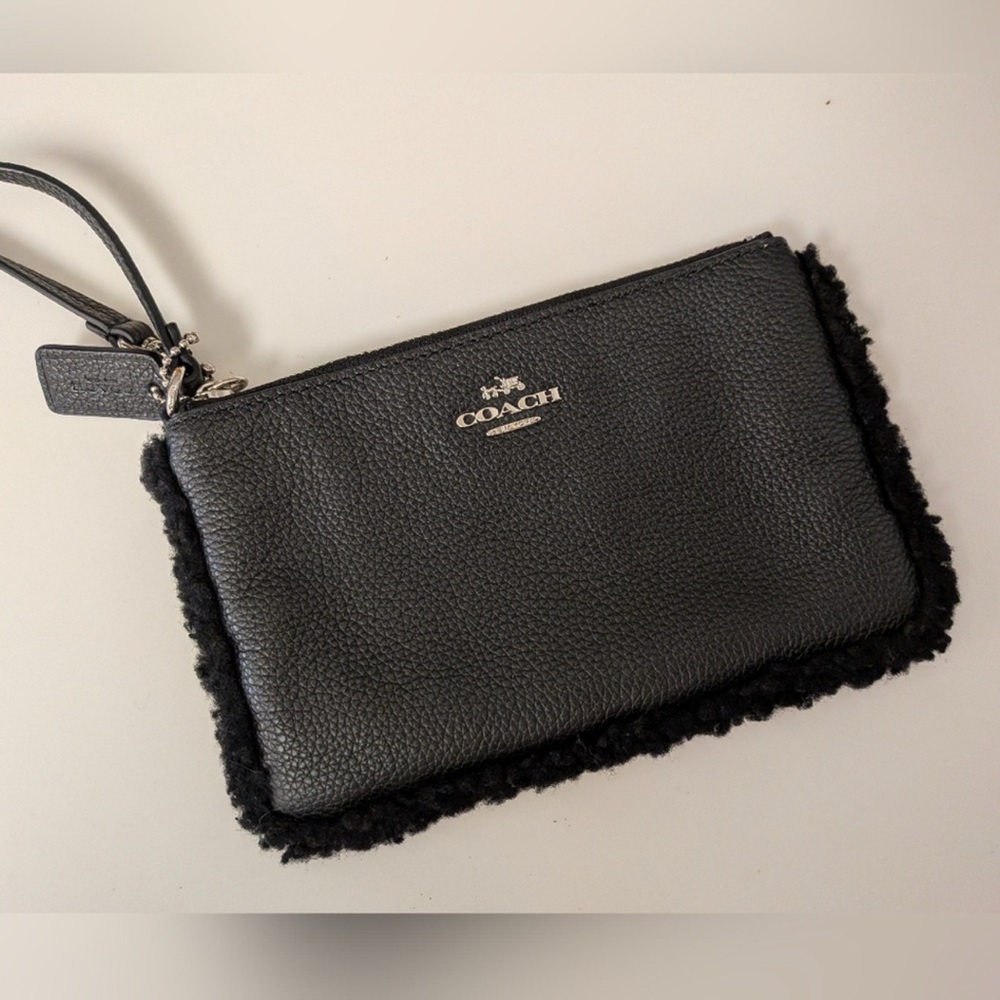 Coach Black Pebbled Leather Wristlet with Black Shearling Trim